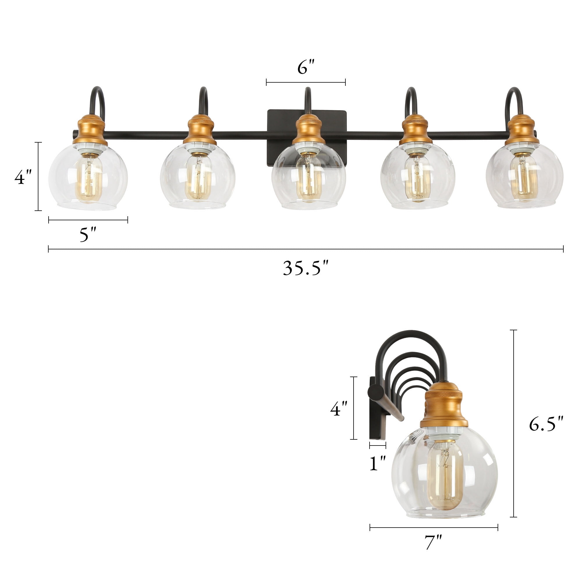 LNC 5-Light Black Round Clear Glass Shade Modern Bathroom Vanity Light