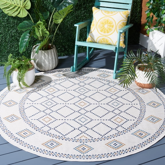 Safavieh Courtyard Kaelea Geometric Indoor/Outdoor Area Rug, Ivory/Navy Yellow, 6'7" x 6'7" Round
