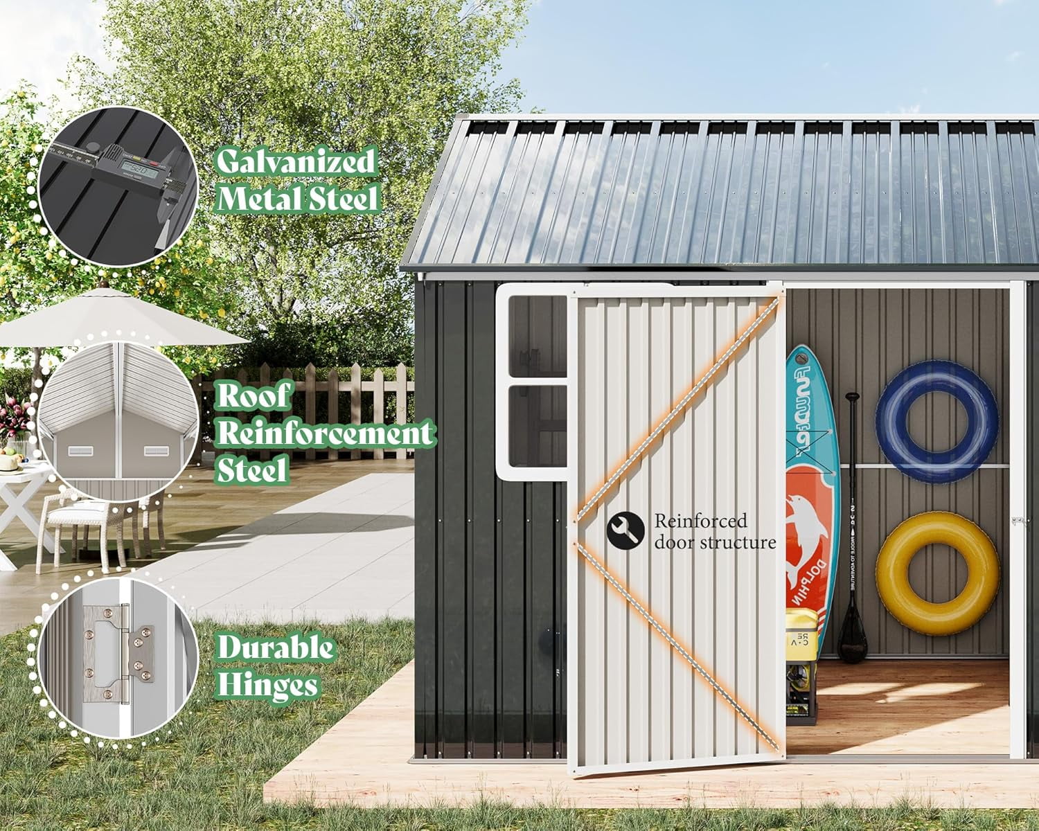 Jocisland 12x10.3x8.2 ft Galvanized Steel Outdoor Storage Shed with Two 4-Pane Windows Lockable Door, for Backyard, Garden, Patio, Dark Grey/White