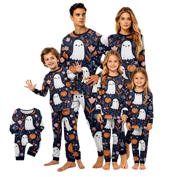 Halloween Pajamas, Ghost Print Matching Family Pajamas Blue White Ghost Pattern Long Sleeve Two Piece Pj Set Fun Sleepwear Nightwear Loungewear Novelty Animal Photos
