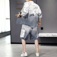 thumbnail image 3 of Conjuntos de camiseta y pantalones cortos para hombre, camiseta holgada a rayas de poliéster, estilo coreano, novedad, en ropa de lujo elástica, fresca, suave y a la moda, talla XL para hombre, 3 of 5