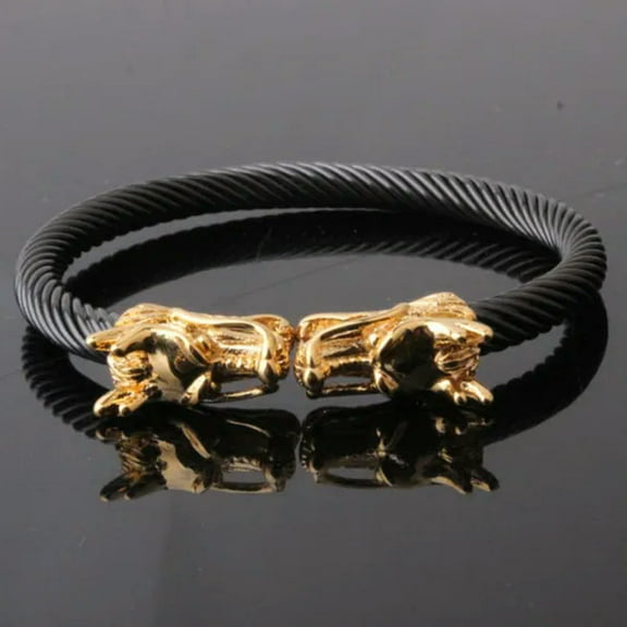 EOEMY Mens Black Gold Silver Tone Dragon Stainless Steel Cable Bangle Bracelet Cuff-Gold Black