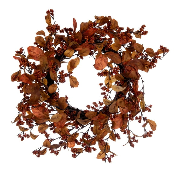 Vickerman Artificial 22" Orange Fall Leaves and Berries Wreath, Circular grapevine base.