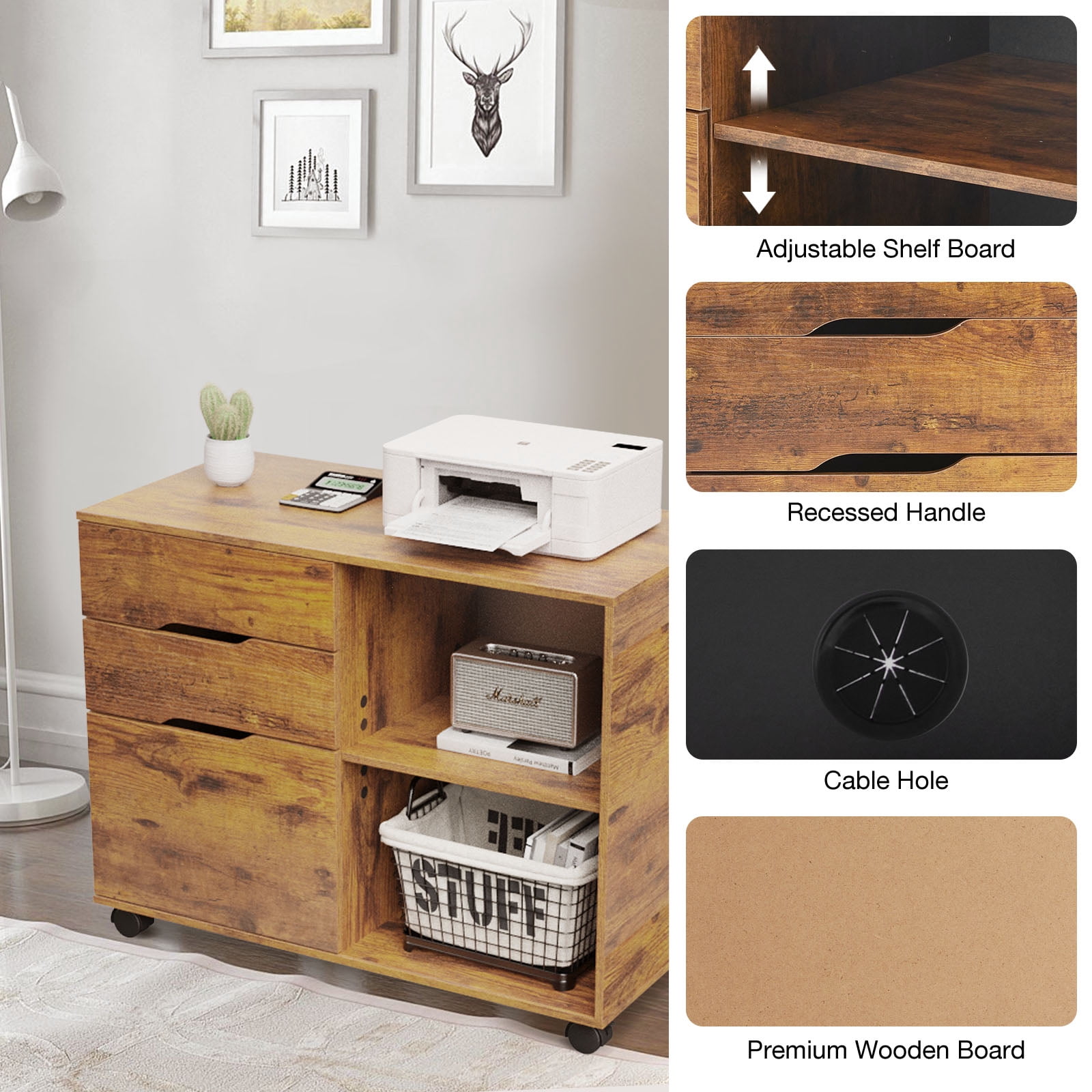 JIOABL 3-Drawer File Cabinet, Lateral Mobile Filing Cabinet Wood Storage Organizer with Wheels, Printer Stand & Open Shelves for Home Office, Rust
