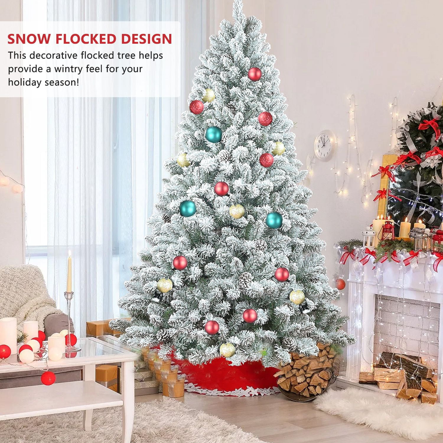 6Ft Artificial Tree, White Flocked pine Premium Christmas Tree, 888 Realistic PE & PVC Mixed Tips