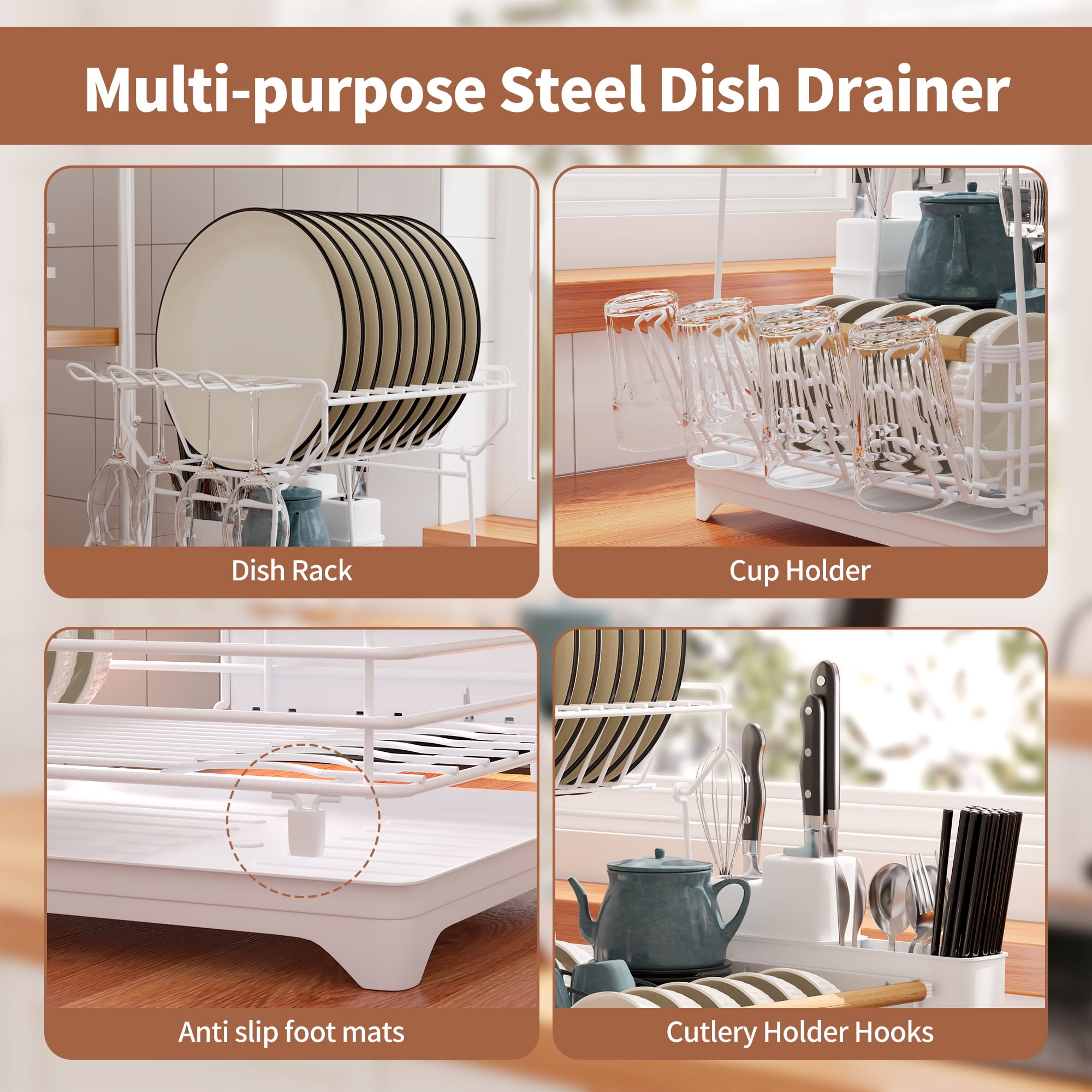 Innovaze Metal Dish Drying Rack, 2 Tier Compact Dish Rack w/Bamboo Holder for Kitchen Counter, White