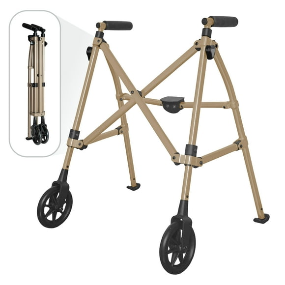Andador Stander Wonder Walker corto, ligero, plegable y compacto para adultos, personas mayores y ancianos. Andador pequeño con ruedas de 6 pulgadas y deslizadores para mayor movilidad. Color arena de