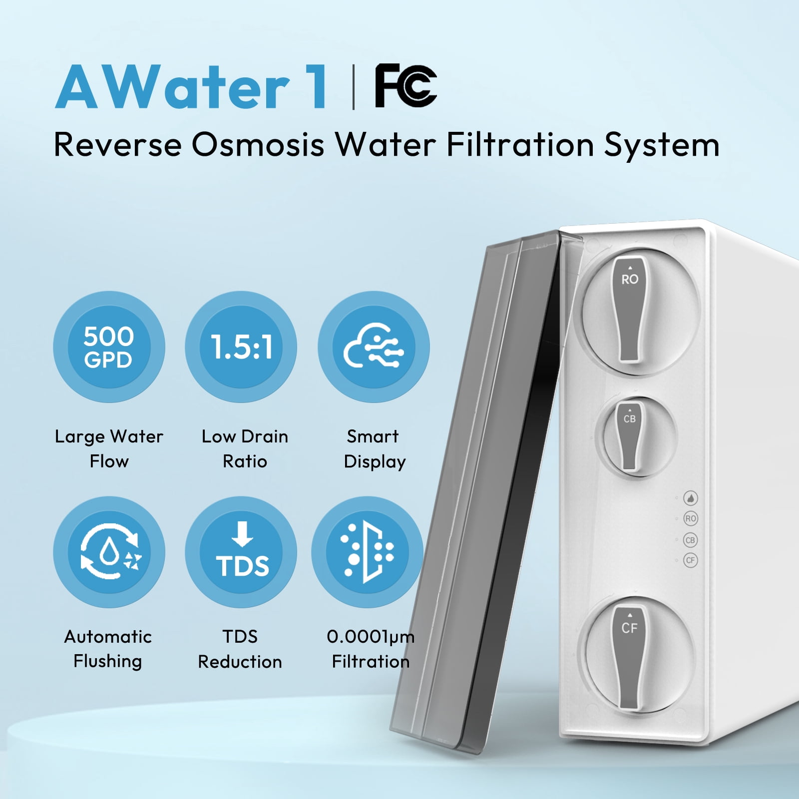 AWater 1 Reverse Osmosis System, Under Sink Tankless RO Water Filter System, 500 GPD, 1.5:1 Pure to Drain, TDS Reduction, Smart Faucet, FCC Listed, UL Listed Power, USA Tech