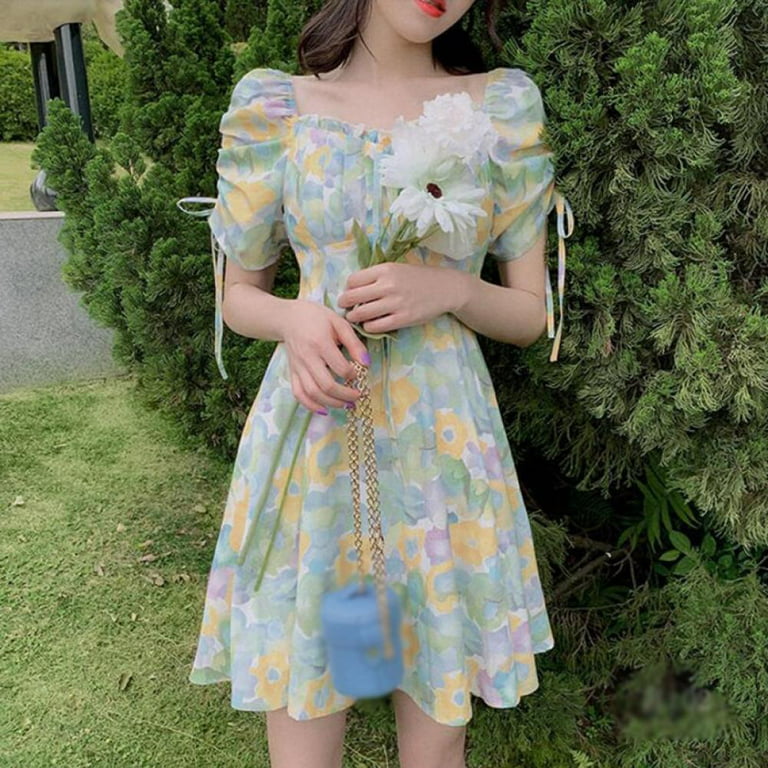 Summer Ladies Korean Wild Temperament High Waist Square Neck Floral Dress