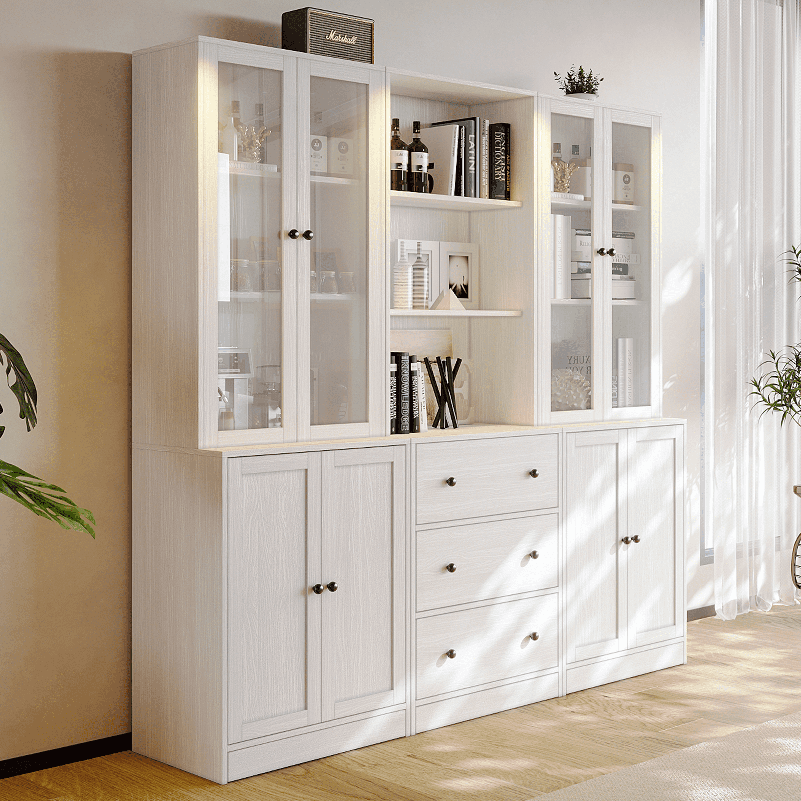 RichYa 3Pcs Vertical File Cabinet, 3-Tier Modern Bookshelf with 3 Large Drawers, Wood Filing Cabinet with Open Storage Shelf, Glass Doors for Home Office, White
