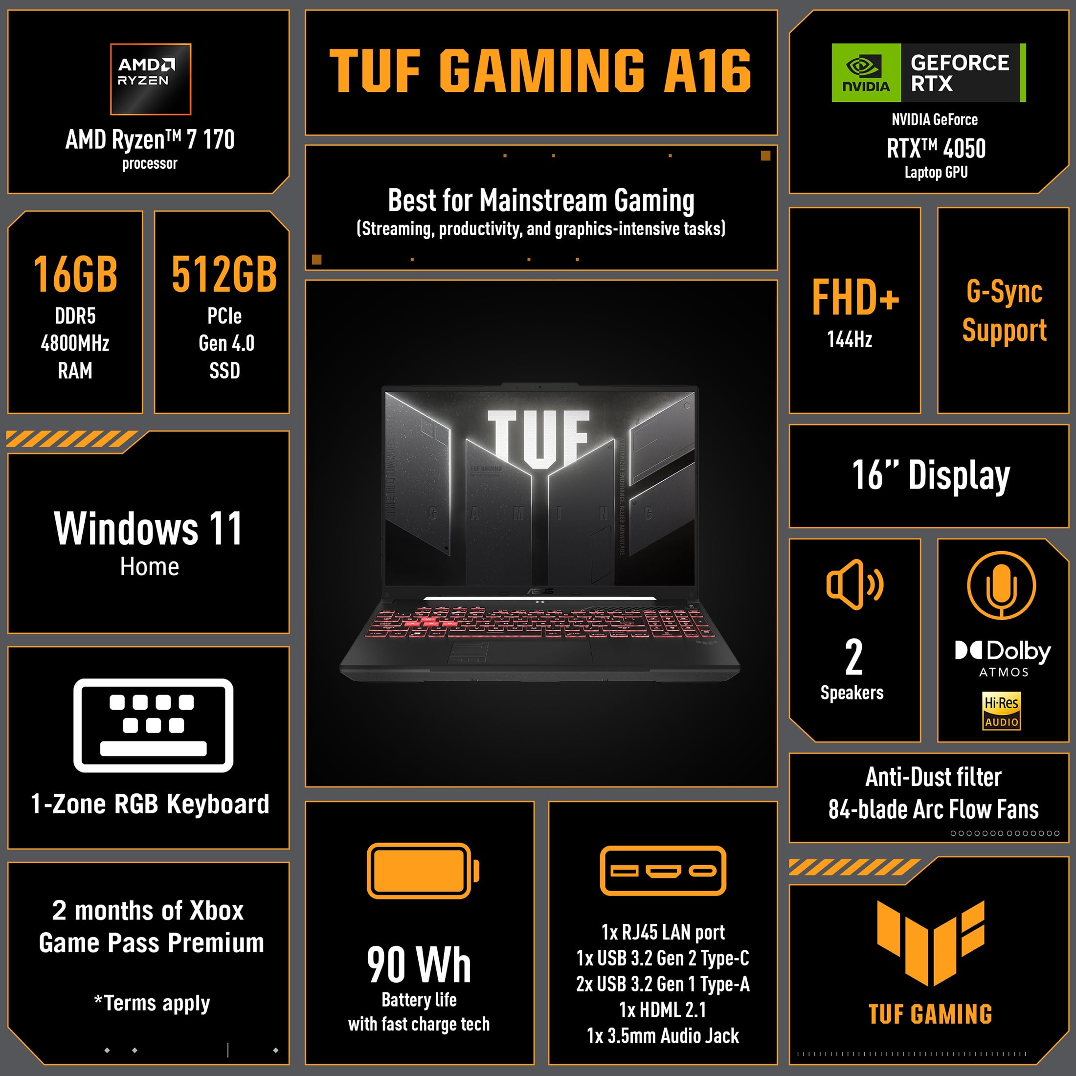 ASUS TUF Gaming A16 Gaming Laptop, 16” WUXGA 144Hz Display, AMD Ryzen™ 7 170, NVIDIA® GeForce RTX 4050, 16GB DDR5, 512GB PCIe SSD, Wi-Fi 6, 3 Months of Microsoft 365 Personal included