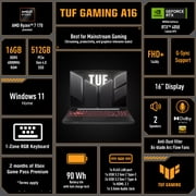 ASUS TUF Gaming A16 Gaming Laptop, 16” WUXGA 144Hz Display, AMD Ryzen™ 7 170, NVIDIA® GeForce RTX 4050, 16GB DDR5, 512GB PCIe SSD, Wi-Fi 6, 3 Months of Microsoft 365 Personal included