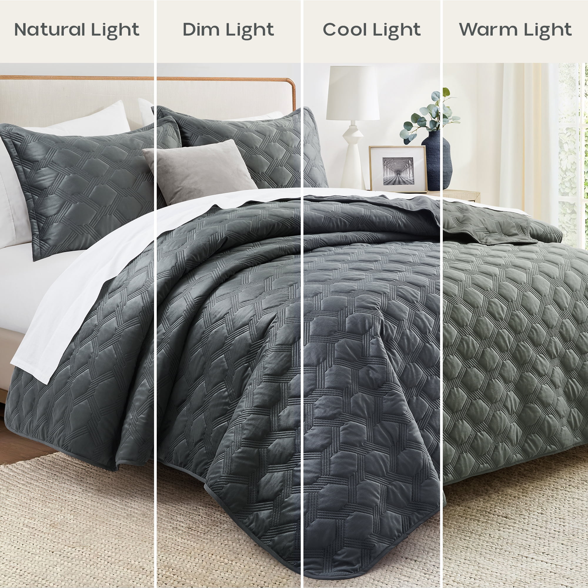 Ameha Velvet Quilt Set 3 Piece Geometric Ultrasonic Embossed Bedspread Reversible 350GSM Soft Microfiber Bedding Grey Full/Queen