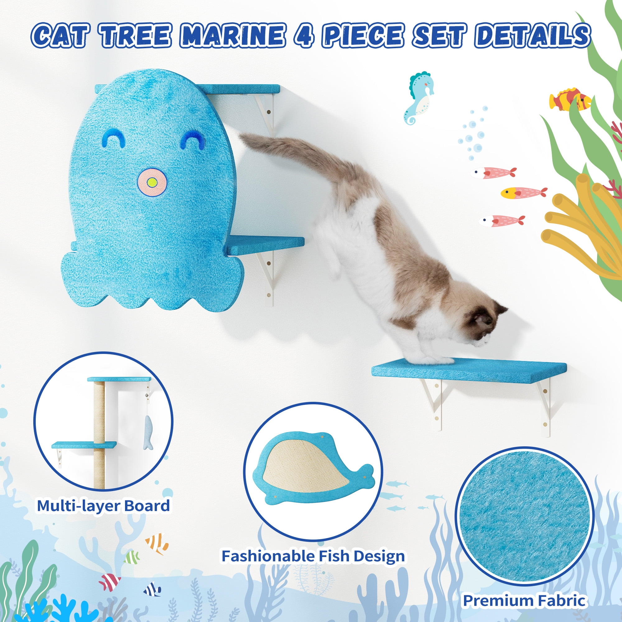 Cat Wall Furniture，Sturdy&Safe 4 in 1 Cat Wall Shelves,Fashion Unique Wooden Cat Climber with Cat House，Scratching Board & Cat Tree（Ocean Blue）