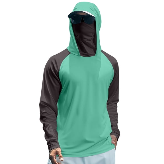 Sun Protection Shirts for Men Color Block UV UPF 50 Hooded Fishing Shirt Summer Hiking Rash Guards with Face Cover