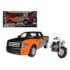 2010 Ford F-150 STX Orange/Black/Silver 1/27 & 1/24 Harley Davidson FLSTF Fat Boy Motorcycle by Maisto