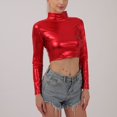 thumbnail image 2 of UYISJ Women's Shiny Metallic Liquid Crop Top Long Sleeve Mock Neck Turtleneck Slim Fitted Crop Top Clubwear Going out Shirts Red XL, 2 of 7
