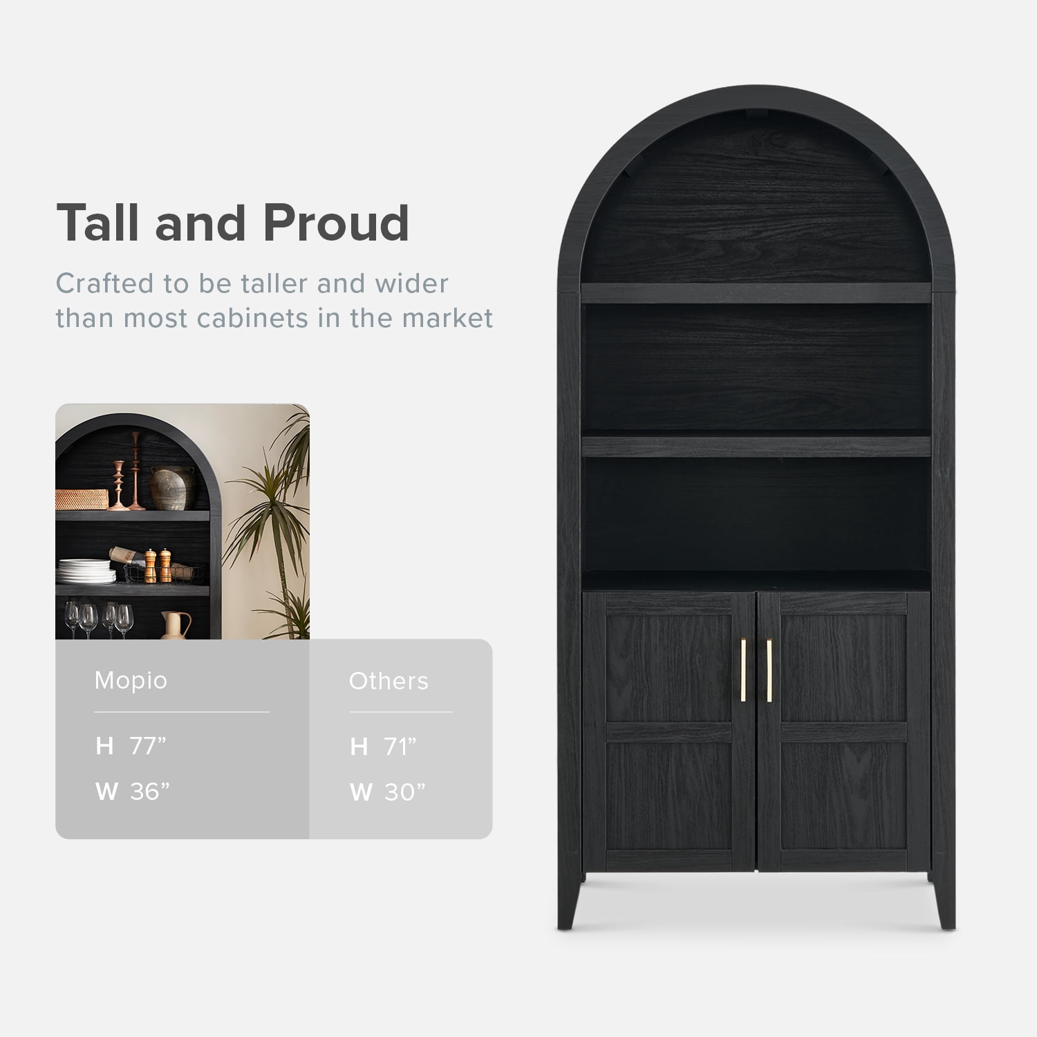 mopio Lauren 77.4" Tall Arched Cabinet, 5-Tier Arched Bookcase with Doors and Adjustable Shelves, Arched Bookshelf with Storage, Kitchen Pantry Cabinet, Wooden Storage Cabinet for Living Room