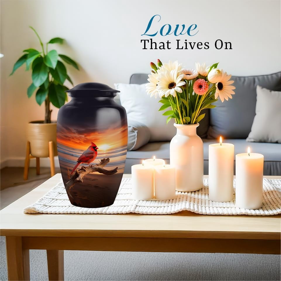 Cardinal Bird Sunset Urn, Beach Scene Cremation Urn For Human Ashes, Spiritual Messenger Urns For Ashes Adult Female, Cardinal Memorial Cremation Urn Keepsake, Size 6 Inch 1Pcs