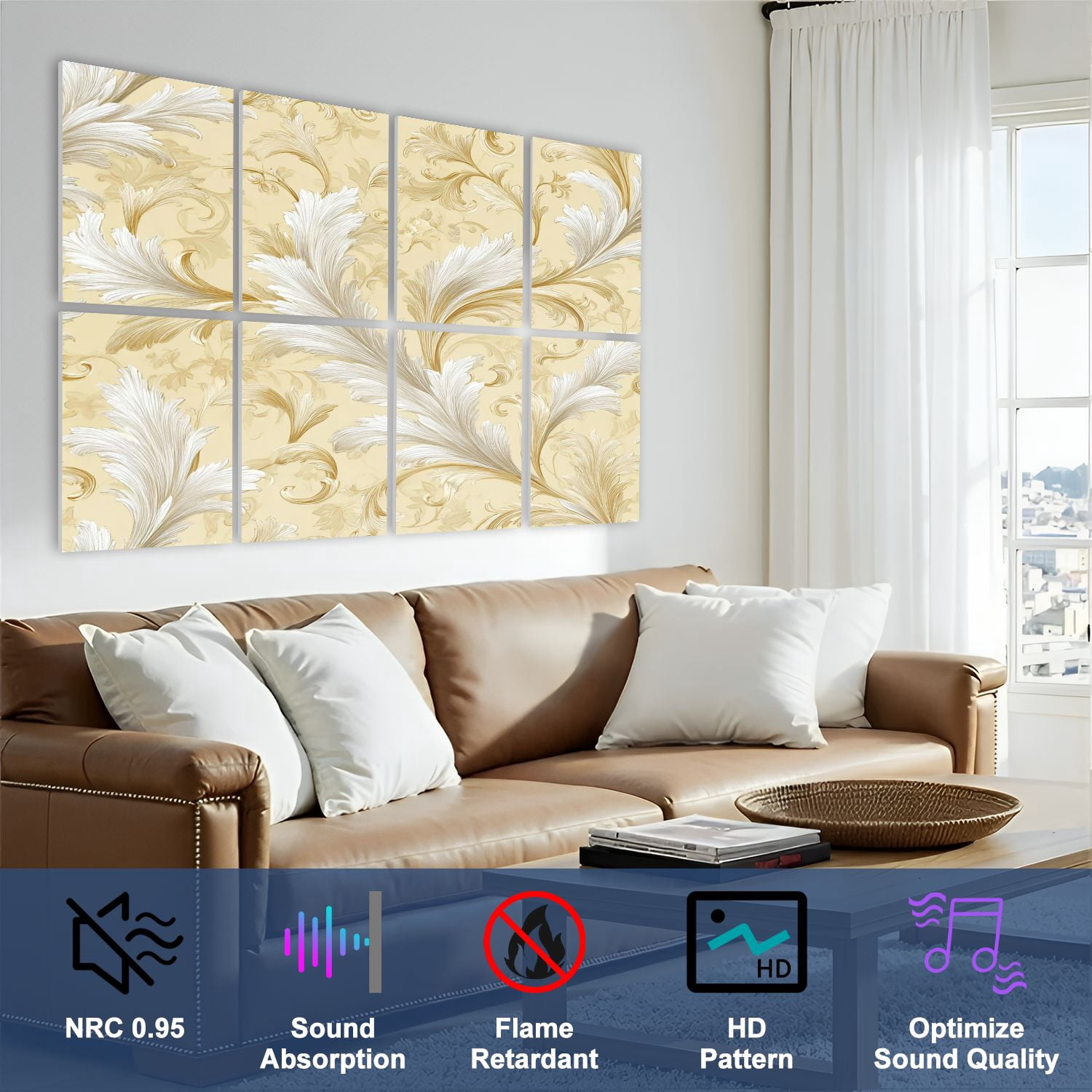 8 Pack Art Acoustic Panels Sound Absorbing Elegant Gold White Baroque Decorative Soundproof Wall Panels Self Adhesive for Nursery Game Room Bedroom 48"x32"