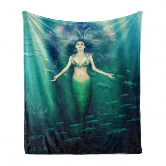 Mermaid Soft Flannel Fleece Throw Blanket, Fairytale Mermaid with Fish in Sunbeams Sun Rays Underwater World, Cozy Plush for Indoor and Outdoor Use, 60" x 80", Green Aqua Purple, by Ambesonne