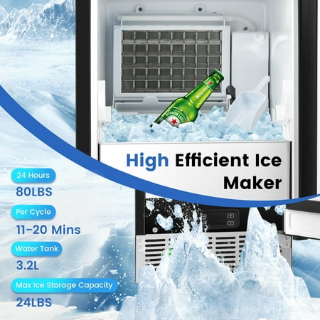Costway - Built-in Ice Maker Free-Standing/Under Counter Machine 80lbs/Day w/ Drain Pump - Silver/Black