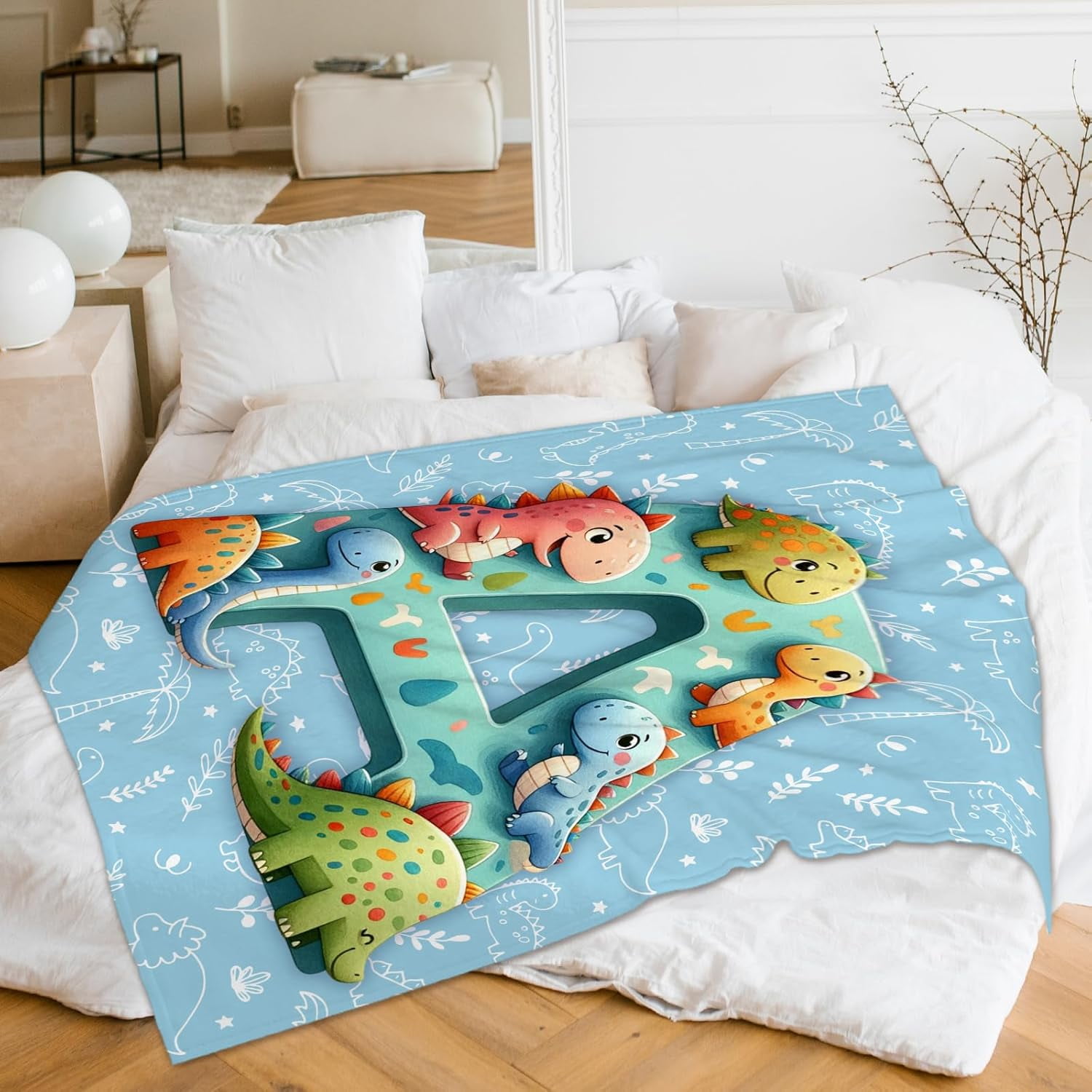 Custom Monogram Blanket, Cute 80 x 60 Inches Soft Cozy Dinosaur Blanket Gift for Boys, Dinosaur Lovers, Soft Warm Fuzzy Throw Blanket for Bed, Living Room, Home Decor