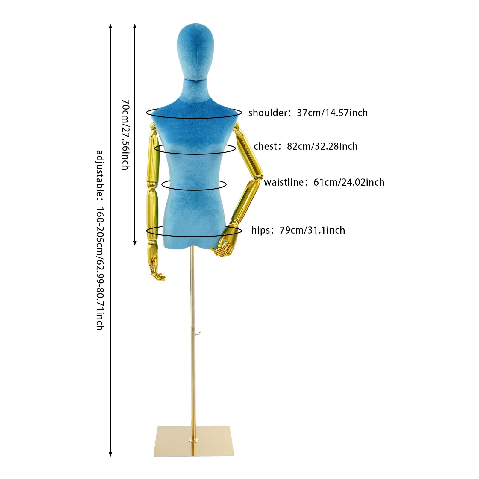 Dress Form Female Mannequin with Adjustable Arms and Square Base