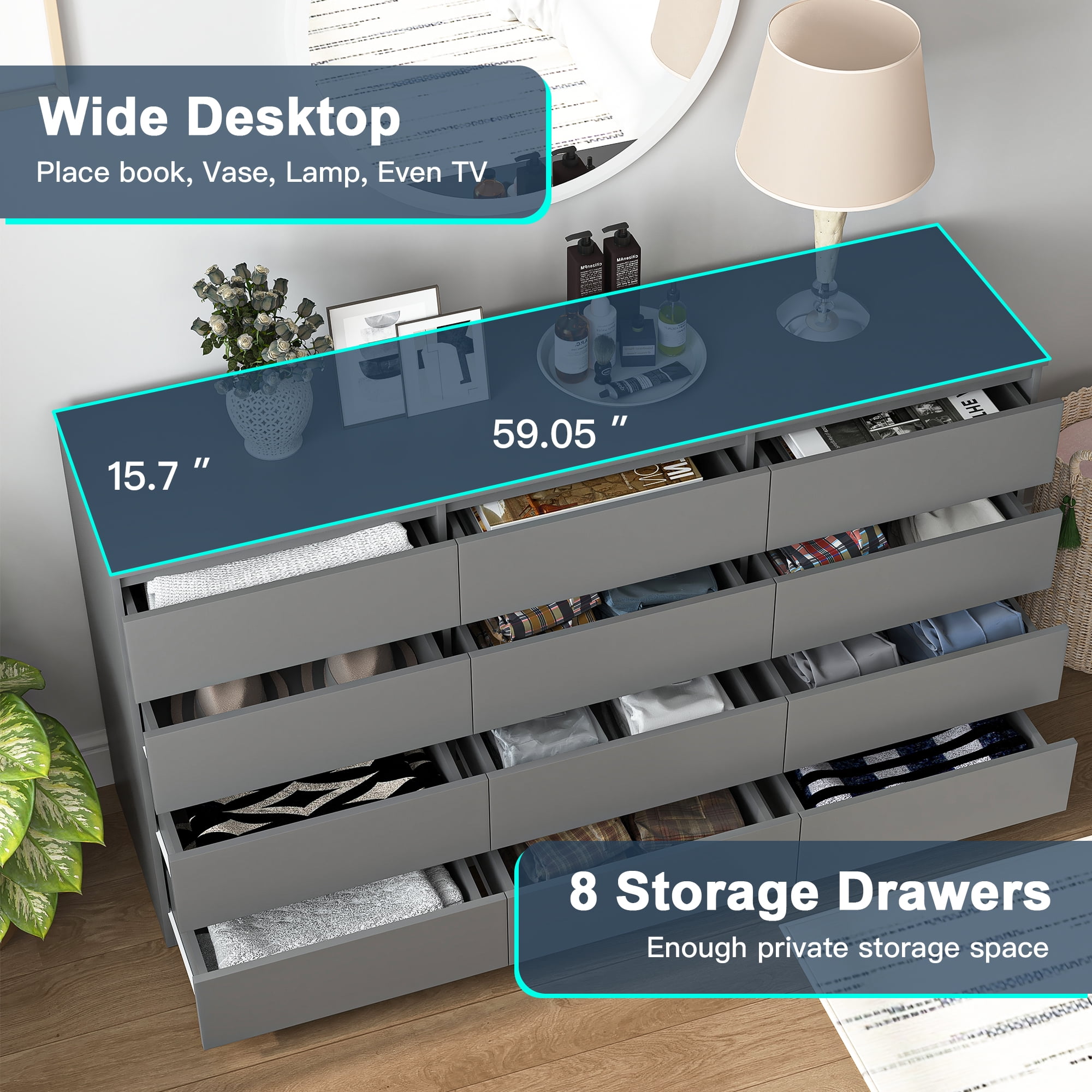 Demi Bonn 12 Drawer Double Dresser, Modern 12 Chest of Drawers with Deep Drawers, Wide Storage Organizer Cabinet for Living Room, Gray