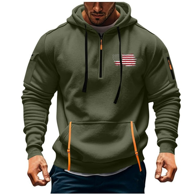 Sweat à Capuche pour Hommes, Sport Décontracté, avec Poche Imprimée et Demi-Fermeture Éclair