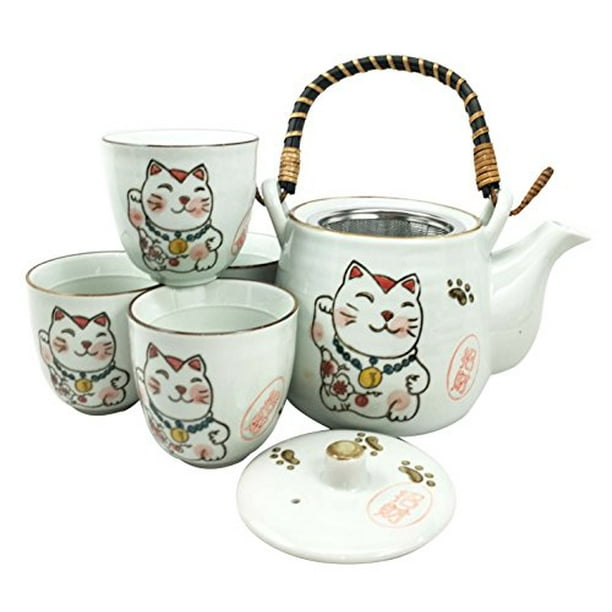 Japanese Design Maneki Neko Lucky Cat White Ceramic Tea Pot And Cups Set Serves 4 Beautifully