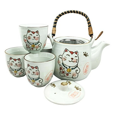 Japanese Design Maneki Neko Lucky Cat White Ceramic Tea Pot and Cups Set Serves 4 Beautifully Packaged in Gift Box Excellent Home Decor Asian Living Gift for Chefs Moms And Sushi (Best Gift For Japanese)