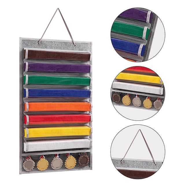 Organizador de cinturón de artes marciales, estante colgante para medallas, soporte de exhibición para cinturón de Taekwondo para Gris