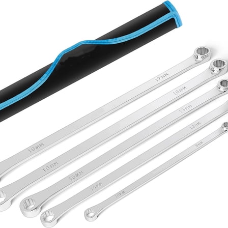 5-Piece Extra Long Wrench Set, Double Box End Wrench Set, 0 Degree Offset, Metric, CR-V Steel, 8mm, 10mm, 12mm, 13mm, 14mm, 15mm, 16mm, 17mm, 18mm, 19mm, Organized in Rolling Pouch