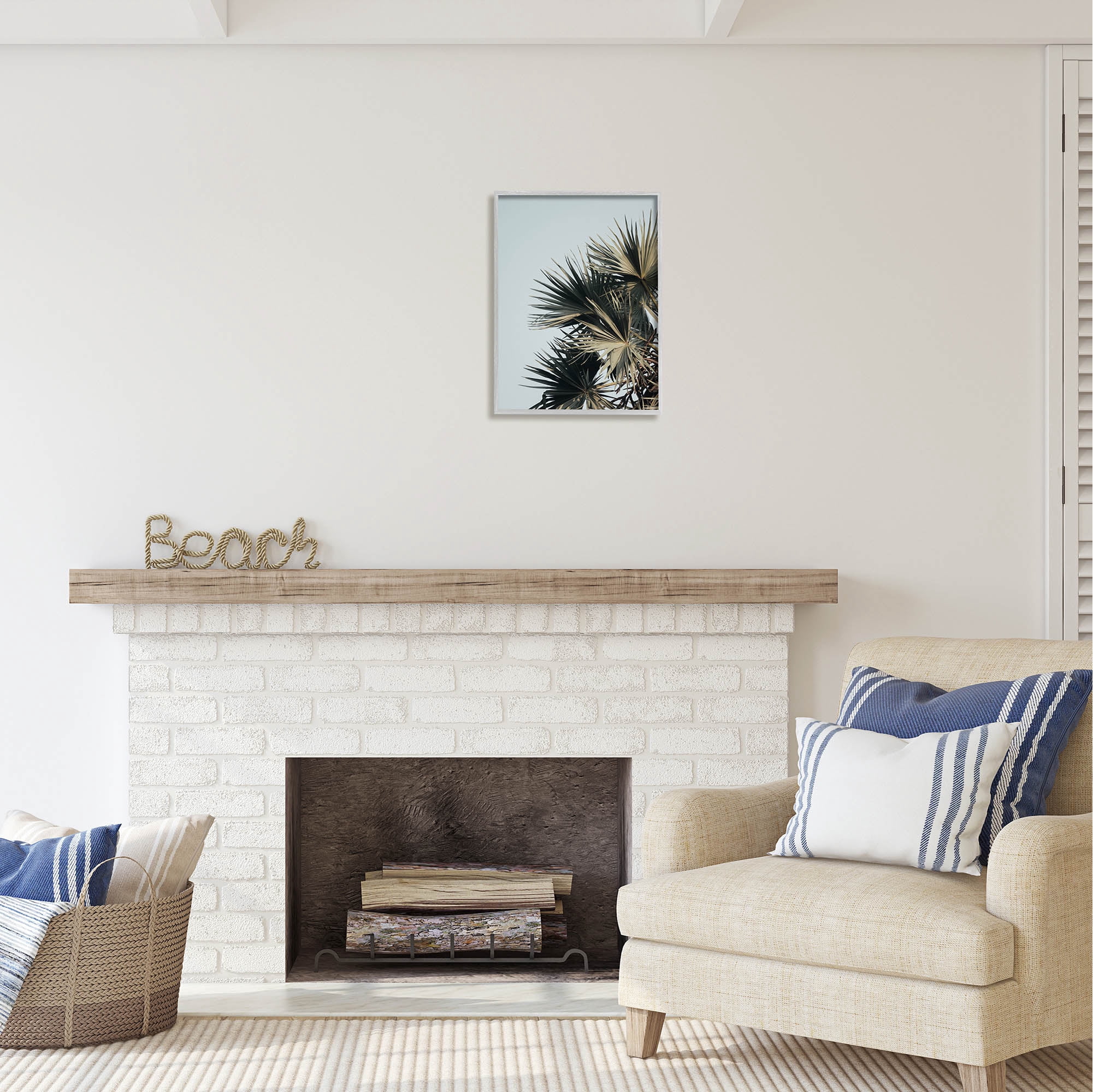 Stupell Industries Palm Plant Leaves Blue Sky Coastal Photography Gray Framed Art Print Wall Art