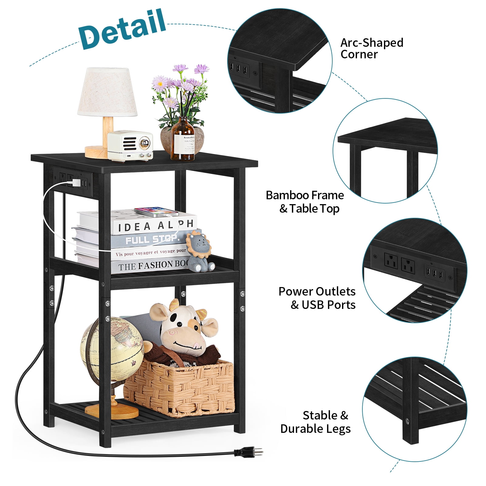 Black Bamboo Nightstand with Charging Station, 3鈥慣ier Open Shelf End Table for Bedroom Living Room