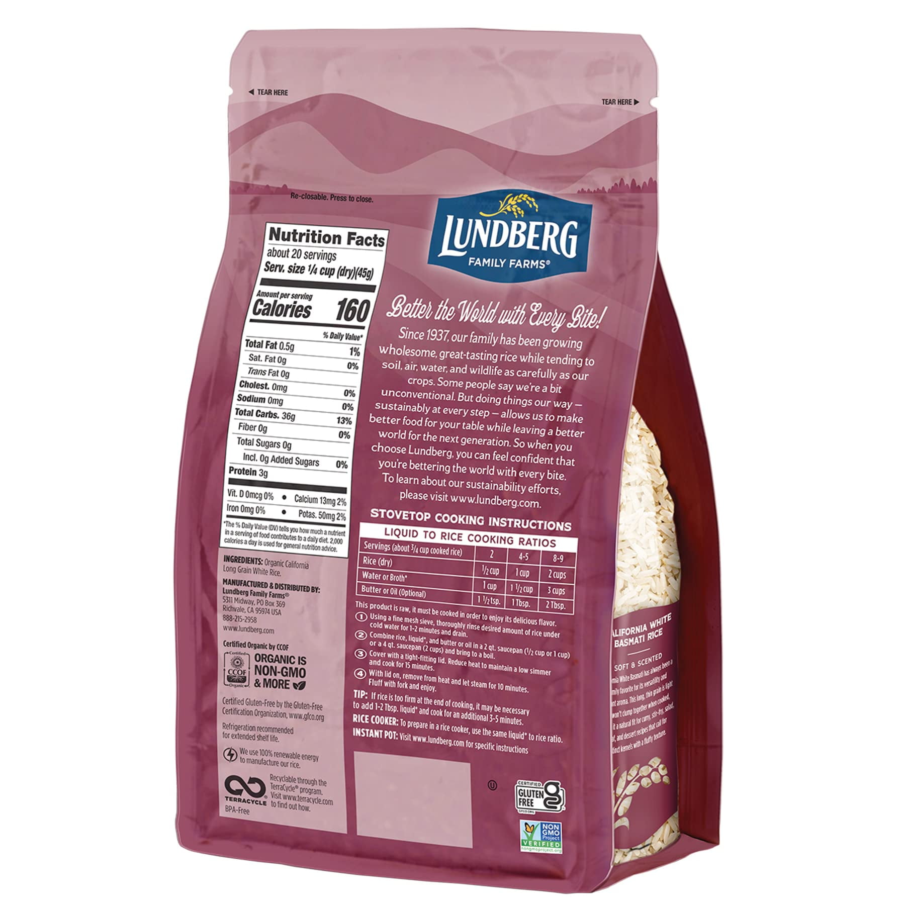Lundberg Family Farms - Organic California White Basmati Rice, Pleasant Aroma, Fluffy Texture, Won't Clump When Cooked, Gluten-Free, Non-GMO, USDA Certified Organic, Vegan, Kosher (32 oz, 6-Pack)6