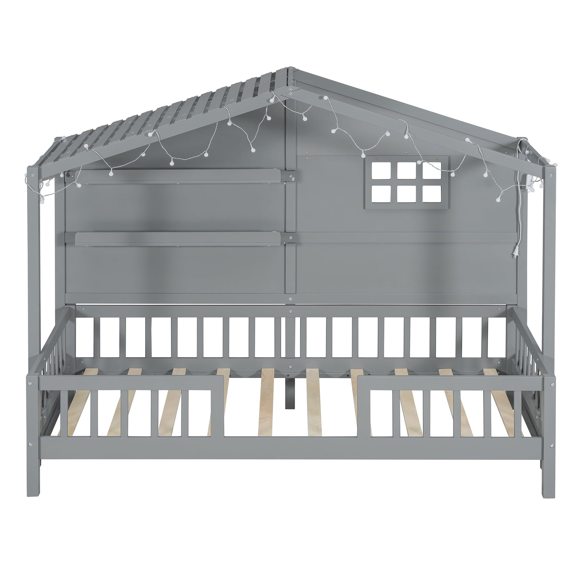 Mintazer Twin House Bed with LED String Lights & Storage Shelves, Toddler Montessori Bed Frame with Guardrails for Kids, Gray