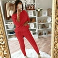 thumbnail image 4 of Idoravan Women's 2-Piece Pajama Sets,Womens Solid Color Off Shoulder Long Sleeve Cable Knitted Warm Two-Piece Long Pants Sweater Suit Set Red XL, 4 of 6