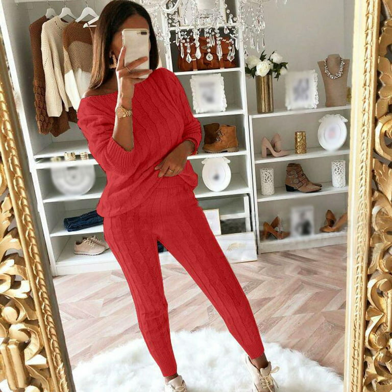 YWDJ Workout Sets for Women Plus Size Womens Solid Color Off Shoulder Long  Sleeve Cable Knitted Warm Two Piece Long Pants Sweater Suit Set Red XL 