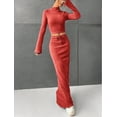 thumbnail image 5 of Fashion Slim 2 Piece Elegant Solid Set New Round Neck Long Sleeve Short Top Elastic Waist Lace Up Long Skirt Sets, 5 of 5