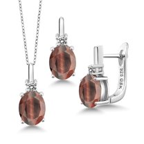Gem Stone King 4.70 Ct Red Tiger Eye White Diamond 925 Sterling Silver Pendant and Earrings Jewelry Set