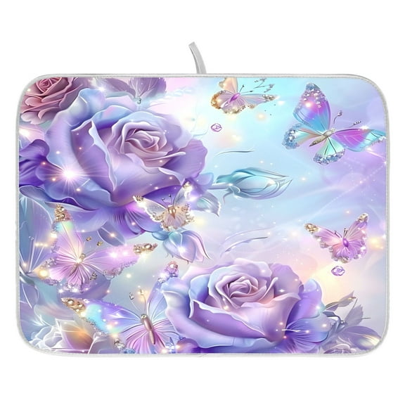 Ryvnso Purple Flower Butterfly Dish Drying Mat for Kitchen Countertop 16x18 Small Dish Pad Drainer Rack Dish Sink Mats