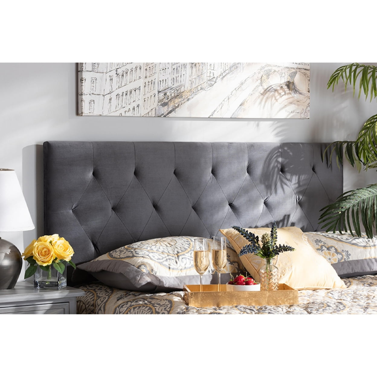 Baxton Studio Felix Modern and Contemporary Grey Velvet Fabric Upholstered Queen Size Headboard,Wholesale Interiors