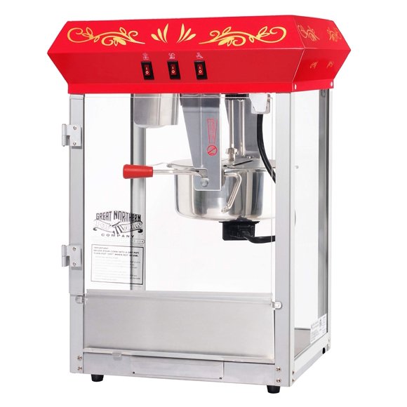 Countertop Popcorn Machine - Antique Style Foundation Popper - 8oz Kettle, Old Maids Drawer, Warming Tray and Scoop by Great Northern Popcorn (Red)