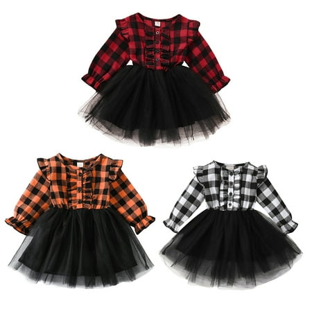 

SYNPOS Infant Toddler Girls Tutu Dress Autumn Long Sleeve Check Tulle Wedding Princess Dress