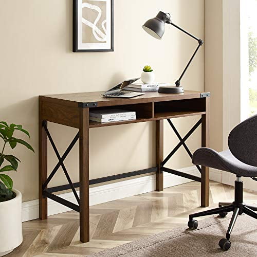 Walker Edison Meubles Entreprise Caroline Moderne Ferme Métal X Bureau, Noyer Foncé