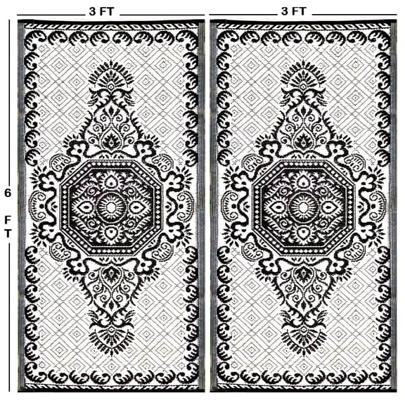 BalajeesUSA 2 PK 3'x 6' Outdoor Plastic Straw Patio Rugs clearance Plastic Straw Reversible Patio Camping Rug White n Black 249