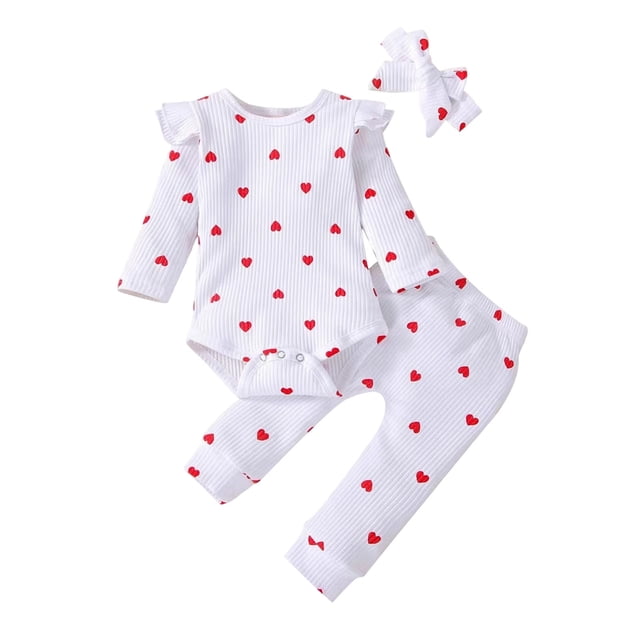 Niña Bebé Manga Larga Romper Ropa Recién Nacido Corazón Impresión Ruffle Pantalones Banda de Cabeza Conjunto Traje de Traje para Niños Pequeños