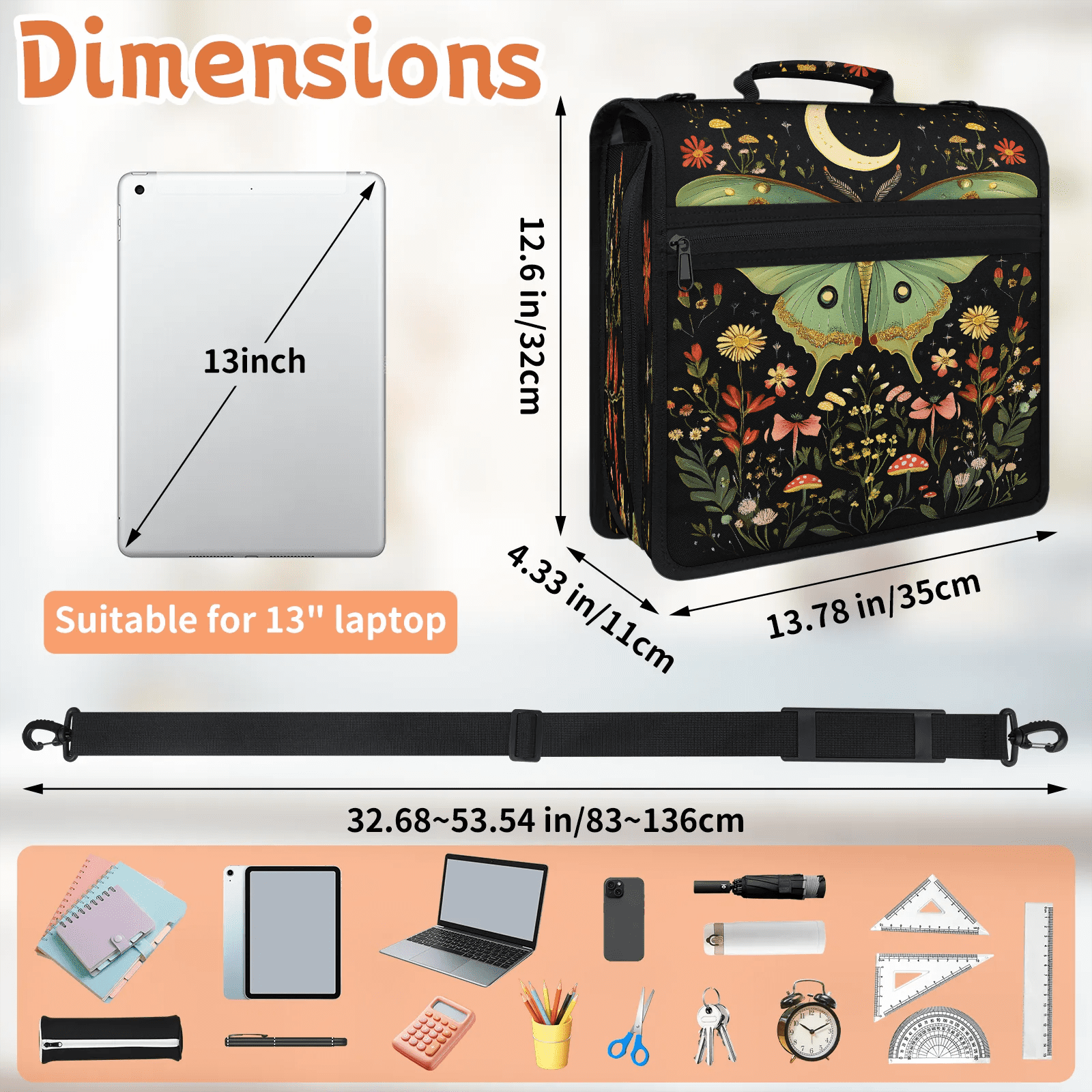 Herdesigns Butterfly Zipper Binder with Shoulder Strap, Waterproof 1.5 Inch 3 D-Ring Binder Organizer Bag, Fits 13 Inch Laptop for Work, Floral